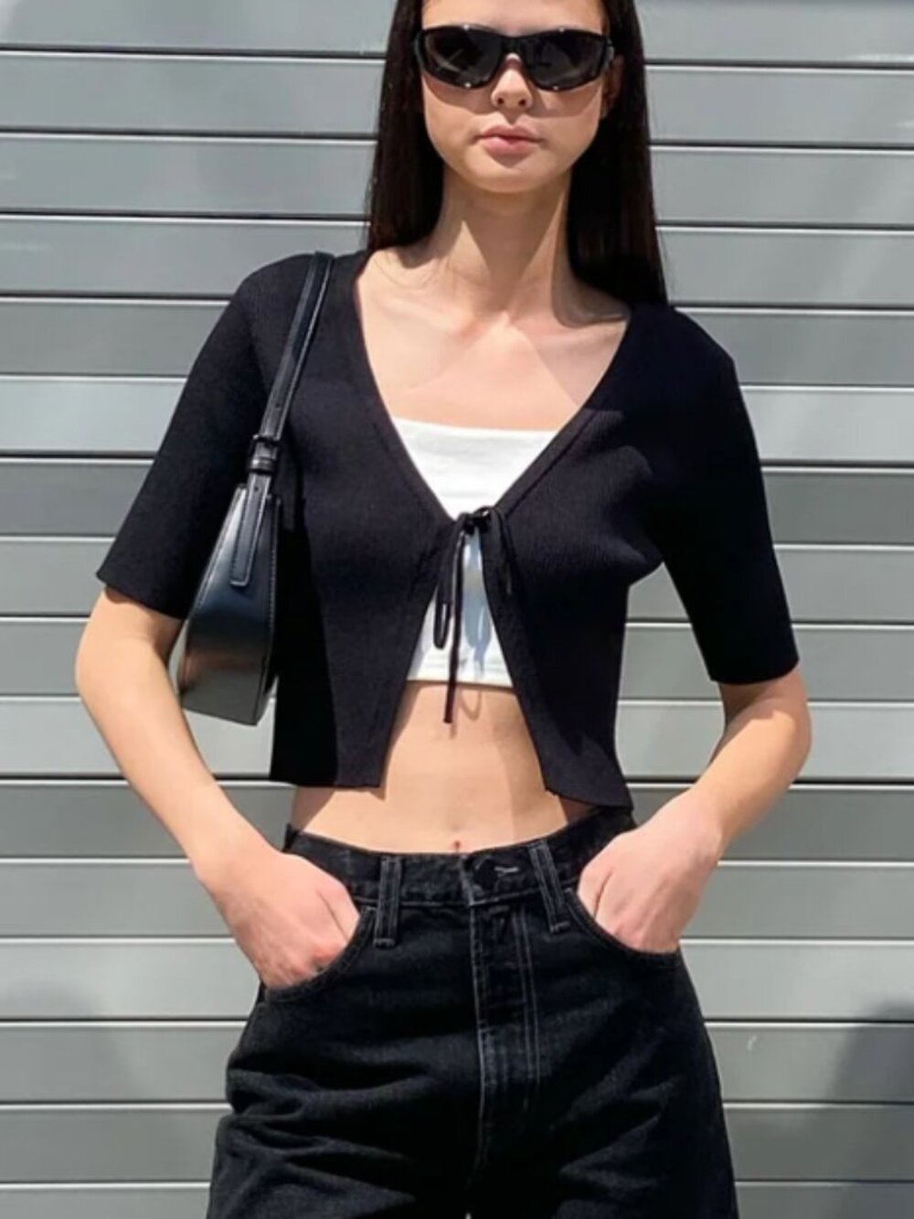 Oak and Fort Cropped Open Front Short Sleeve Ribbed Cardigan Black - Picture 3 of 7